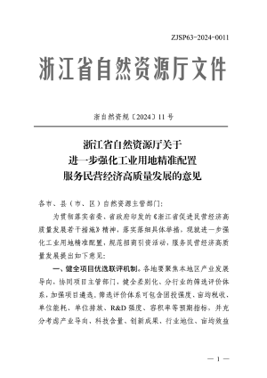 浙江省自然资源厅《关于进一步强化工业用地精准配置服务民营经济高质量发展的意见》浙自然资规〔2024〕11号