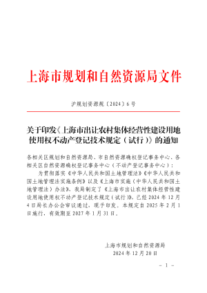 上海市规划和自然资源局《出让农村集体经营性建设用地使用权不动产登记技术规定（试行）》沪规划资源规〔2024〕6号