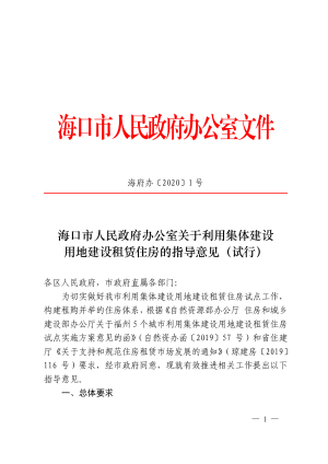 海口市人民政府办公室《关于利用集体建设用地建设租赁住房的指导意见（试行）》海府办〔2020〕1号