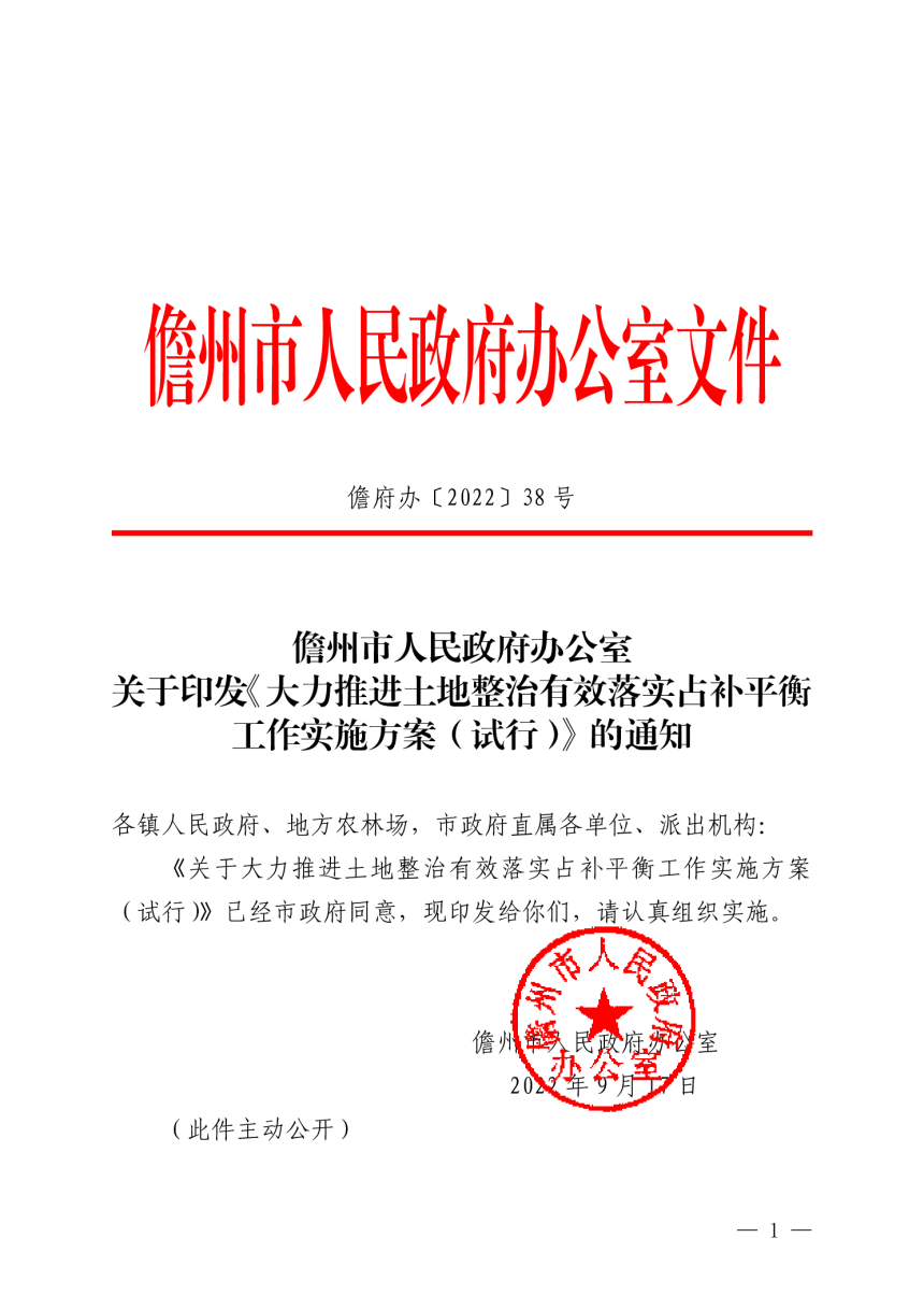 儋州市人民政府《大力推进土地整治有效落实占补平衡工作实施方案（试行）》儋府办〔2022〕38号-1