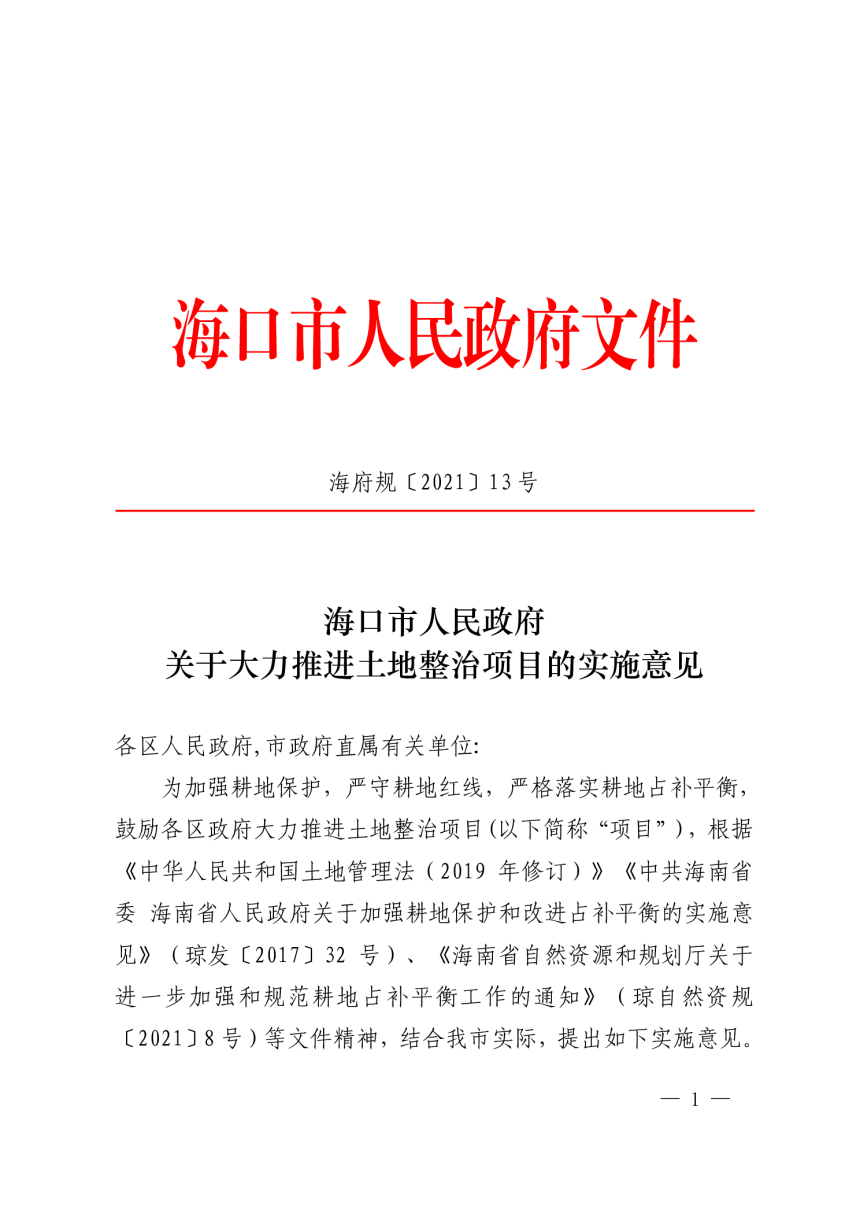 海口市人民政府《关于大力推进土地整治项目的实施意见》海府规〔2021〕13号-1