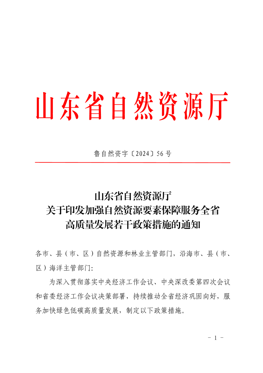 山东省自然资源厅《关于印发加强自然资源要素保障服务全省高质量发展若干政策措施的通知》鲁自然资字〔2024〕56号-1