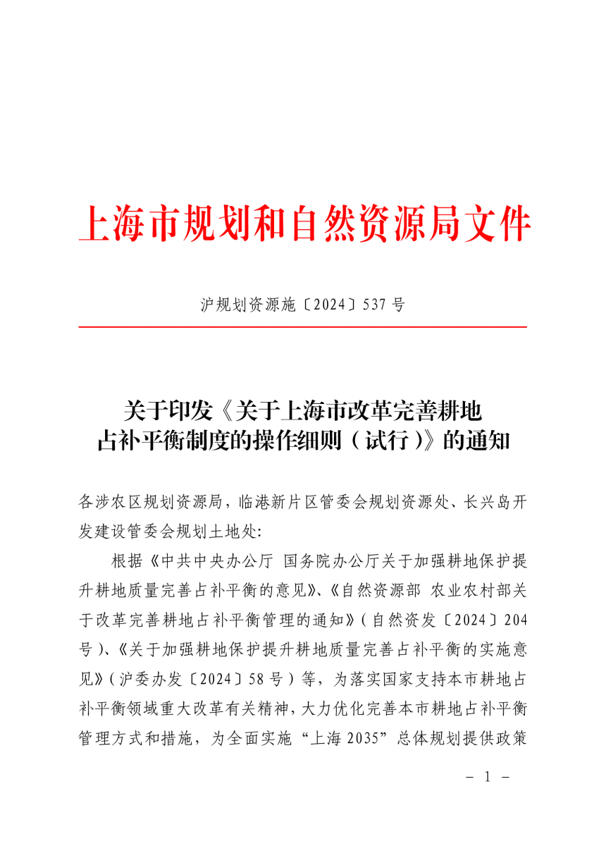 上海市规划和自然资源局《关于上海市改革完善耕地占补平衡制度的操作细则（试行）》沪规划资源施〔2024〕537号-1