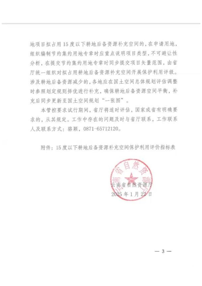 云南省自然资源厅《关于明确新增建设用地占用15度以下耕地后备资源补充空间管控要求的通知（试行）》云自然资耕保〔2025〕15号-3