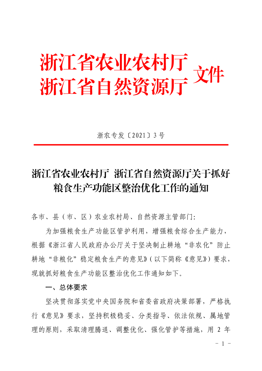 浙江省农业农村厅 浙江省自然资源厅《关于抓好粮食生产功能区整治优化工作的通知》浙农专发〔2021〕3号-1