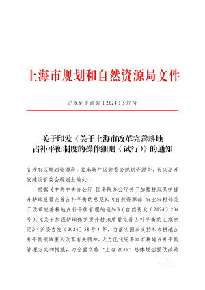 上海市规划和自然资源局《关于上海市改革完善耕地占补平衡制度的操作细则（试行）》沪规划资源施〔2024〕537号